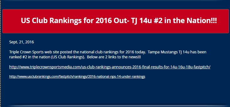 US Club Ranks TJ 14u #2 in Nation.....