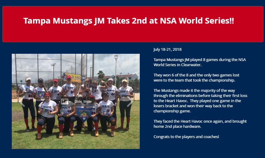 Tampa Mustangs JM Takes 2nd at NSA World Series.......