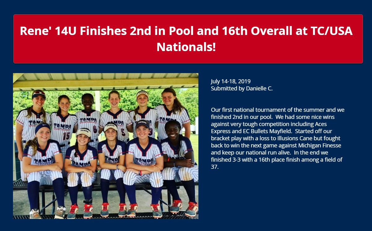 Tampa Mustangs Rene' 14u 2nd in Pool and 16th Overall at TC/USA Nationals