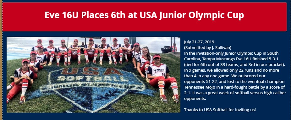 Tamp;a Mustangs Eve  6th at USA Jr Olympic Cup.......