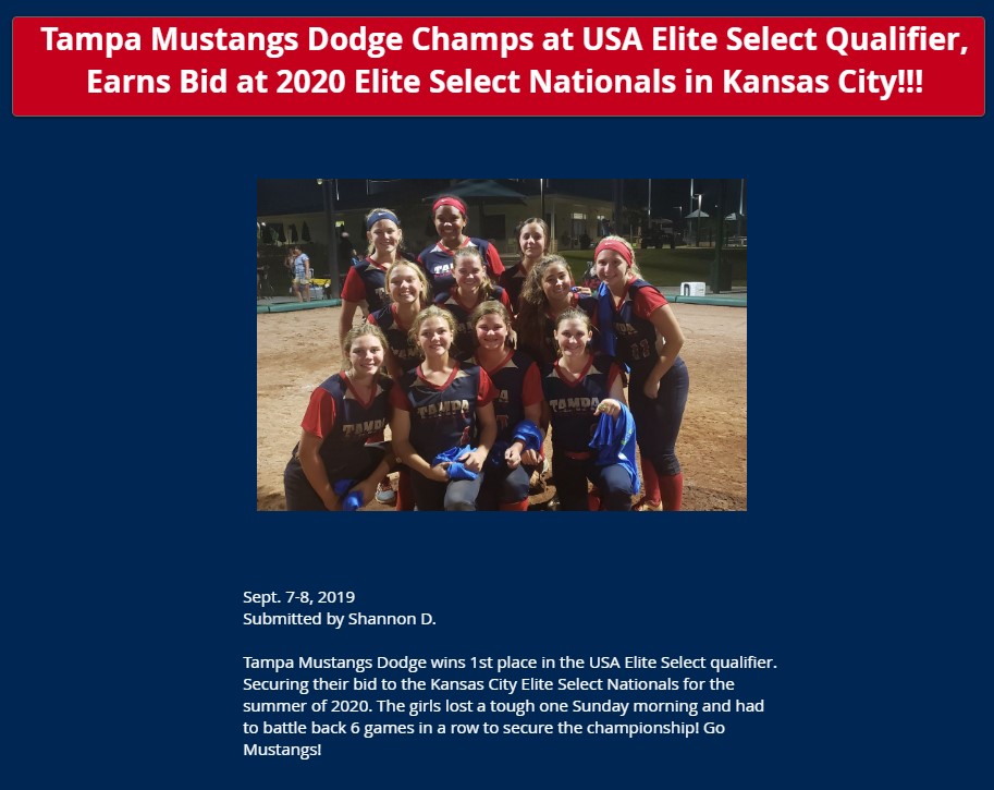 Tampa Mustangs Torres: Dodge 14u Wins USA Elite Select Qualifier!!!!