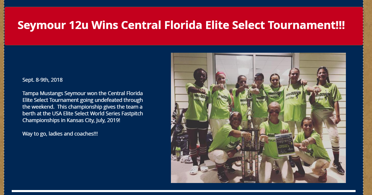 Tampa Mustangs Seymour 12U Wins Central Florida Elite Select Tournament!!!