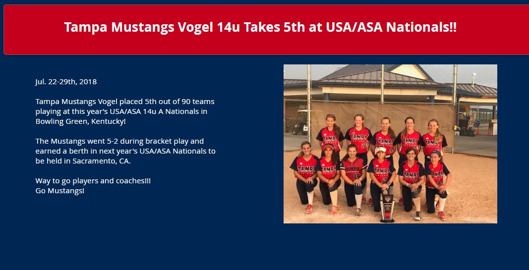 Tampa Mustangs Vogel 14U Takes 5th at USA/ASA Nationals