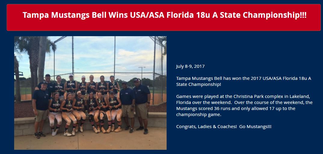 Tampa Mustangs Bell wins USA/ASA Florida 18u A State Championship......