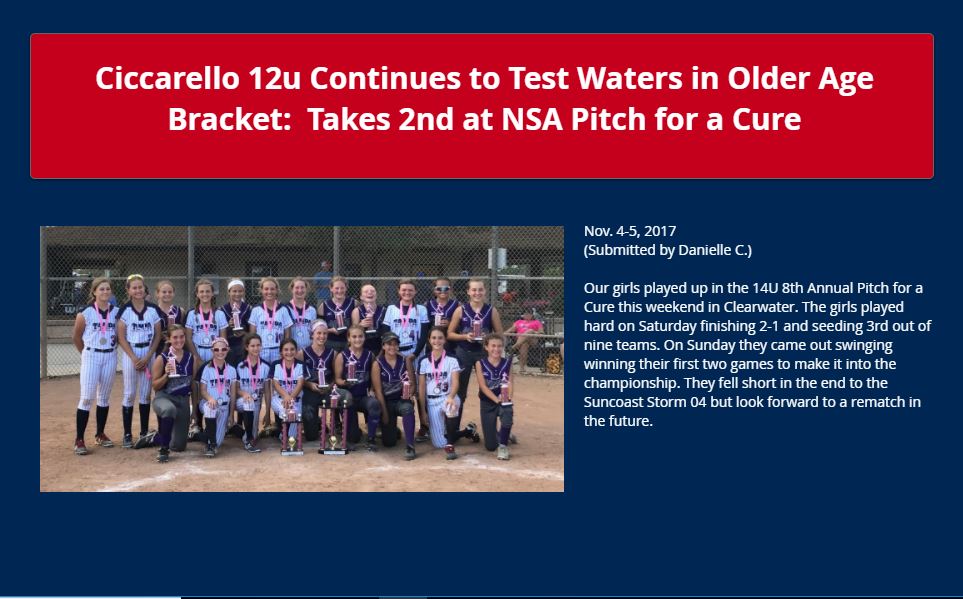 Ciccarello 12u  Takes 2nd at NSA Pitch for Cure, 14u Bracket......