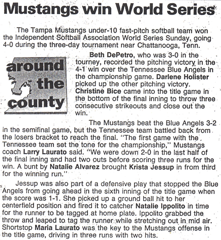 The 10u Tampa Mustangs girls Fastpitch team wins the International Softball Association World Series highlights article….