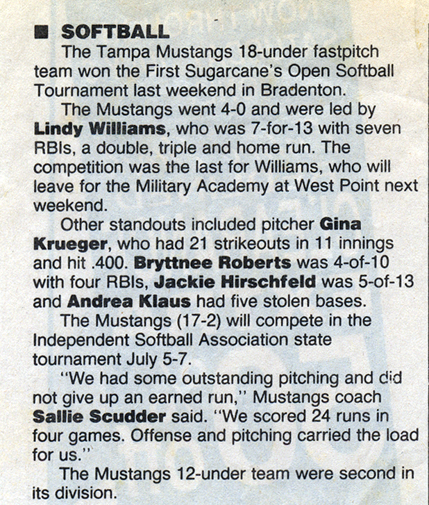 The Tampa Mustangs 18u fast-pitch team won the First Sugarcane’s Open Softball Tournament in Bradenton.  The Mustangs went 4-0 and were led by…..