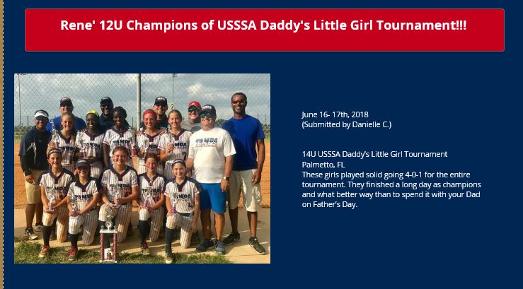 Rene' 12U Champions at USSSA Daddy's Little Girl......