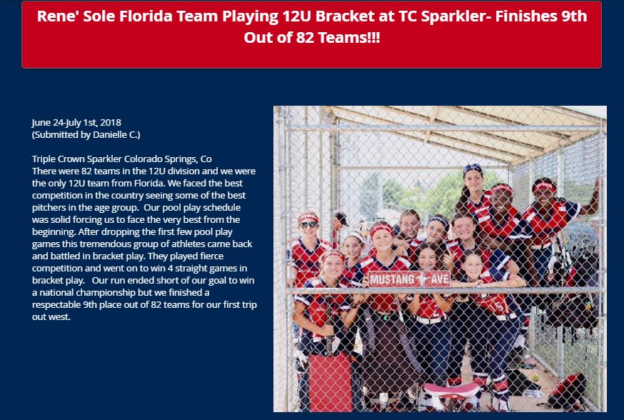 Rene' Sole Florida Team Playing 12U Bracket at TC Sparkler- Finishes 9th Out of 82 Teams!!!