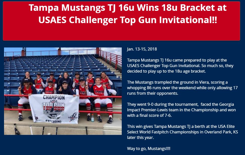 Mustangs TJ Wins 18u Bracket at USAES Top Gun..........