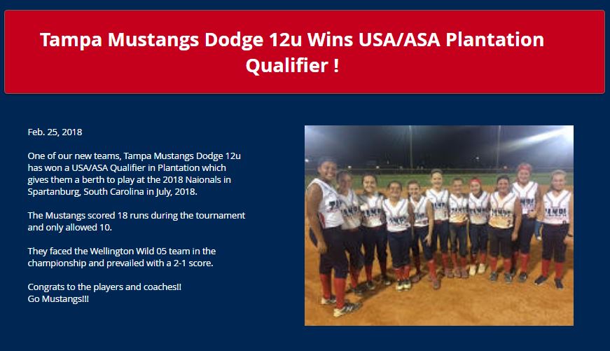 Tampa Mustangs Torres: Dodge 12u Wins USA/ASA Plantation Qualifier......