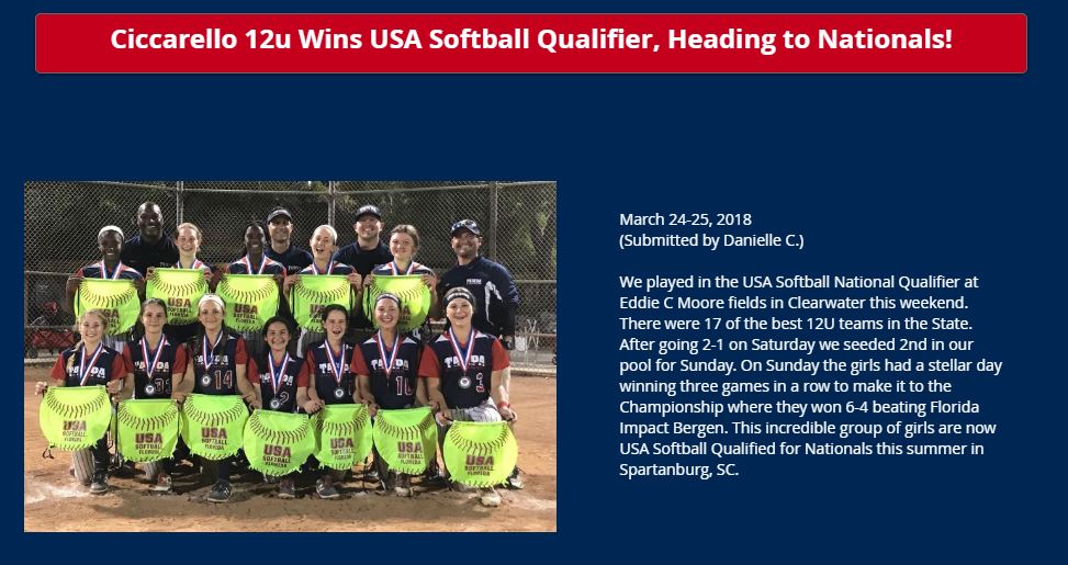 Tampa Mustangs Ciccarello Wins USA Softball Qualifier, Going to Nationals!!!