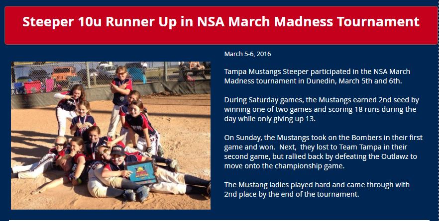 Steeper 10u Runner Up in 2016 NSA March Madness...